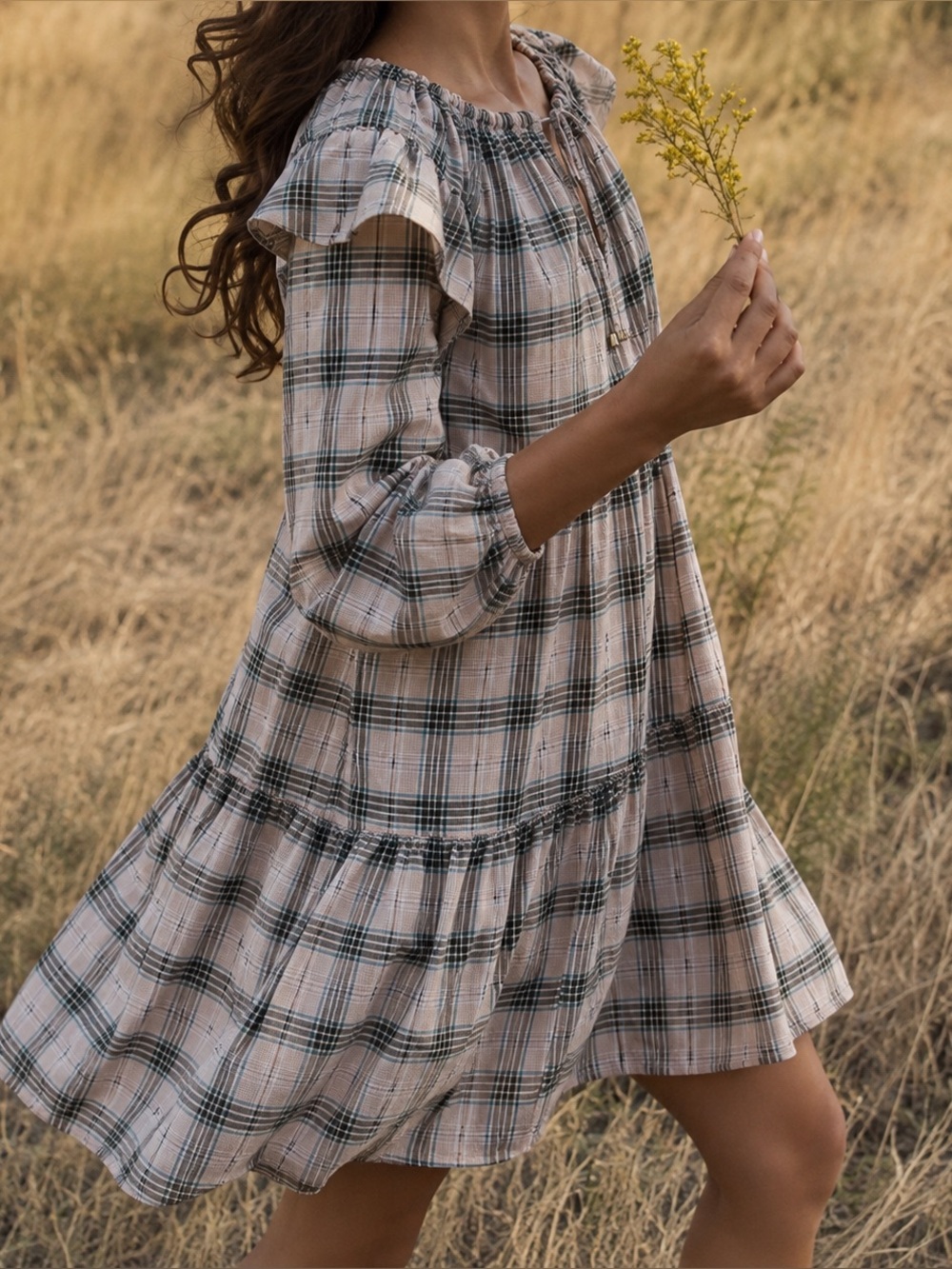 Ephemera XS/S Green Cream Plaid Cottagecore Prairie Mini Dress Cotton Blend Boho